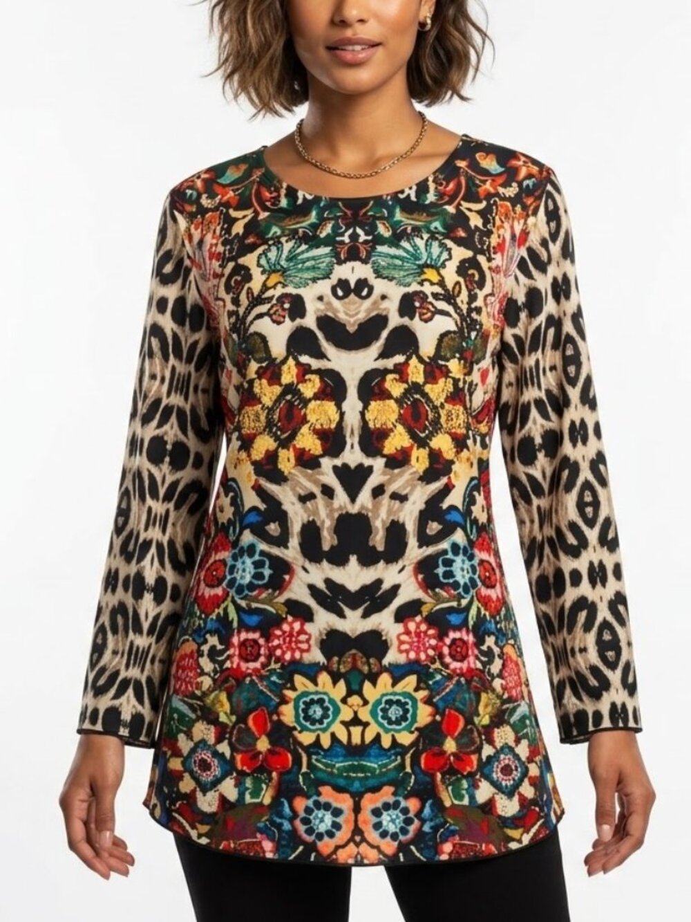 Ali Miles Whimsigoth Mixed Print Leopard Floral Tunic Top 1X Soft Knit